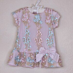 Rare Editions Pink Aqua Floral Dressy Top Embroidered Short Sleeves Bow